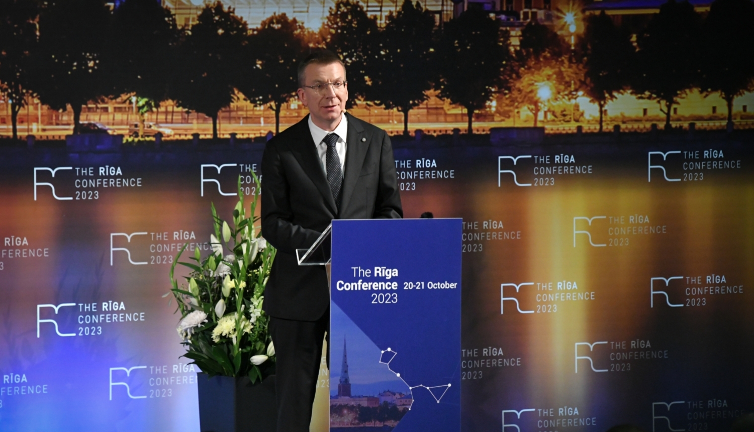 20.10.2023. Valsts prezidents Edgars Rinkēvičs uzrunā klātesošos "Rīgas konference 2023"